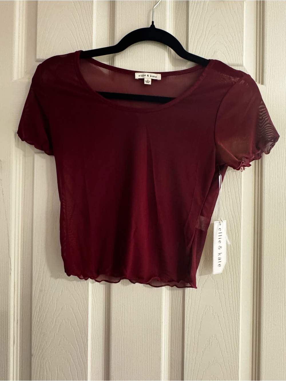 Ellie & Kate Wine Mesh Short Sleeve Crop Top